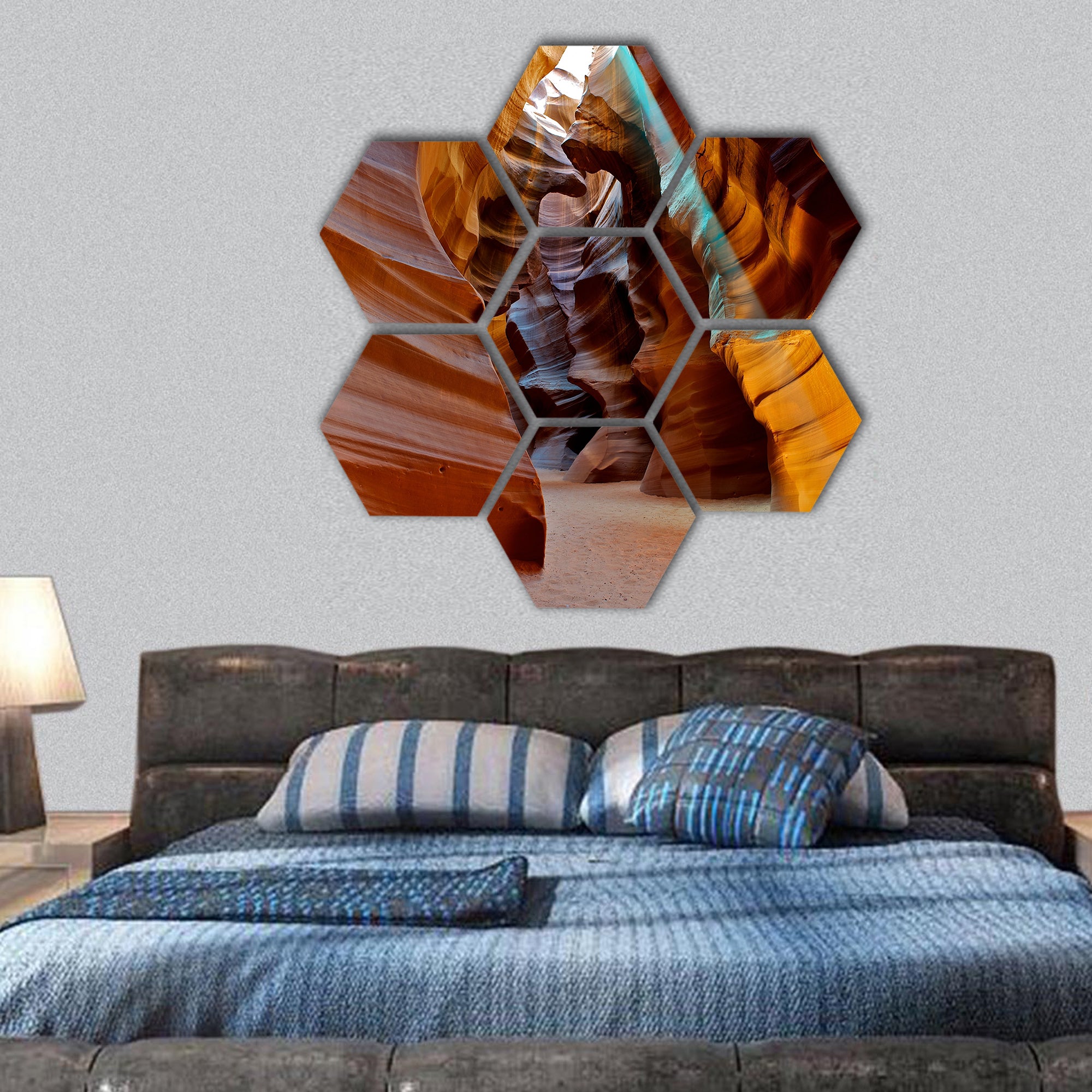 sun light beam shining through Upper Antelope slot Canyon hexagonal canvas wall art