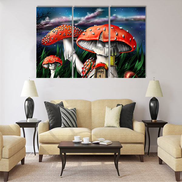 Illustration of enchanted magical mushrooms in the forest Multi Panel Canvas Wall Art
