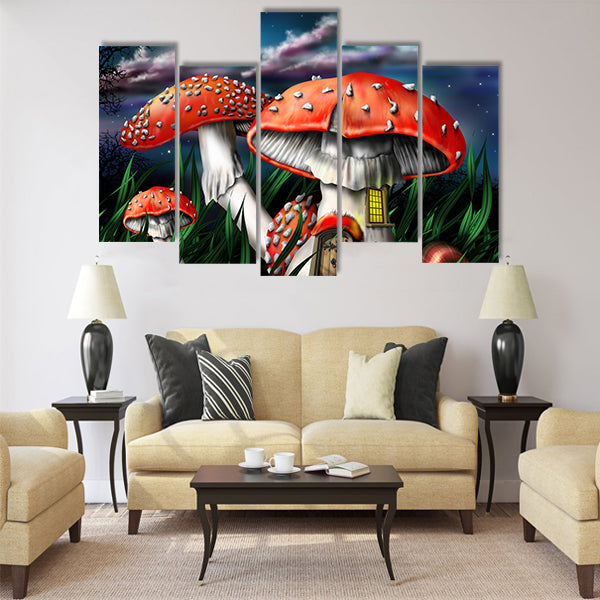 Illustration of enchanted magical mushrooms in the forest Multi Panel Canvas Wall Art
