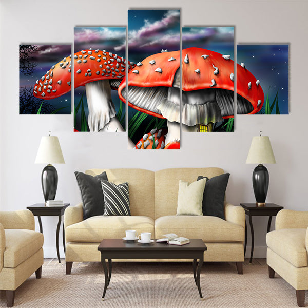 Illustration of enchanted magical mushrooms in the forest Multi Panel Canvas Wall Art