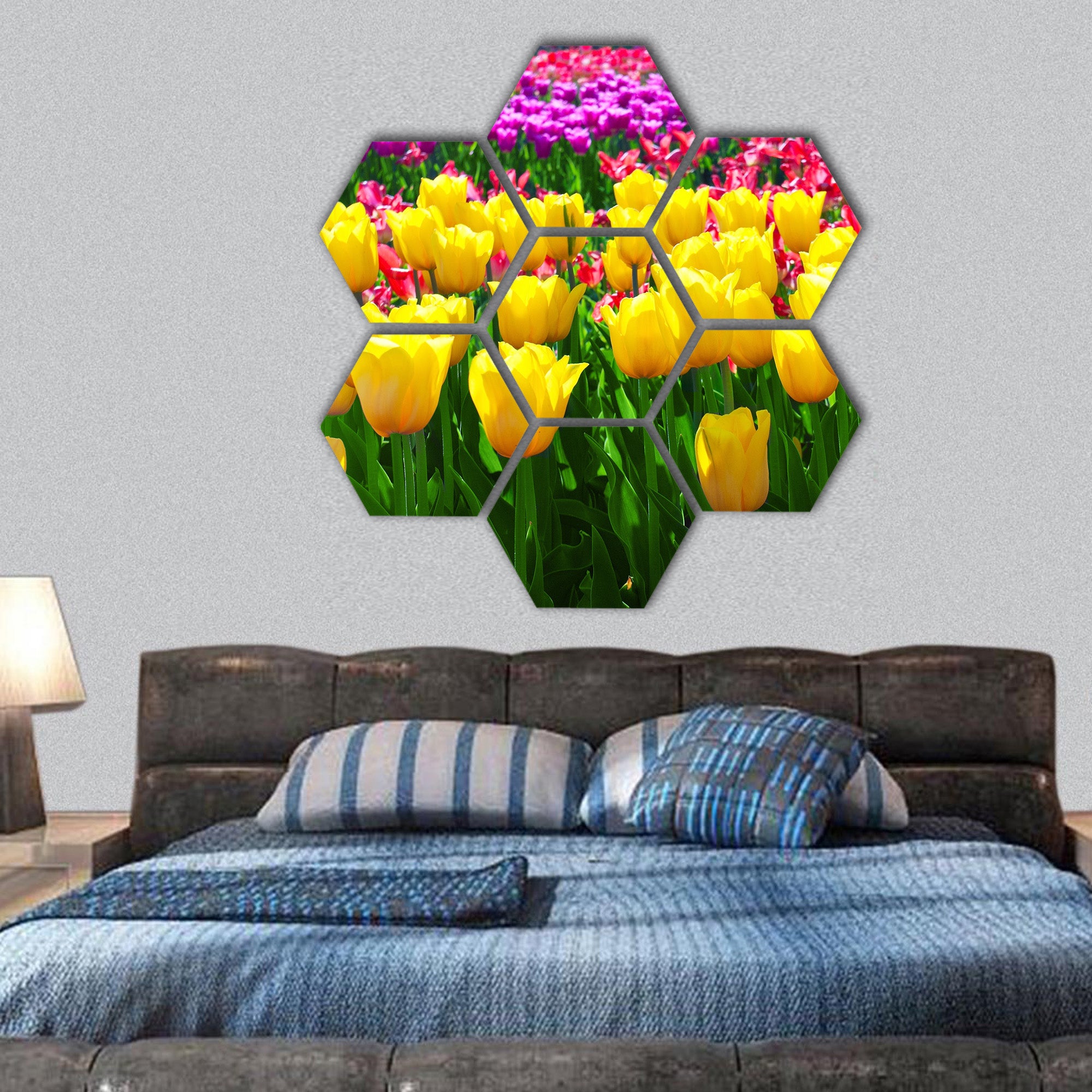 Tulips field yellow flowers  hexagonal canvas wall art