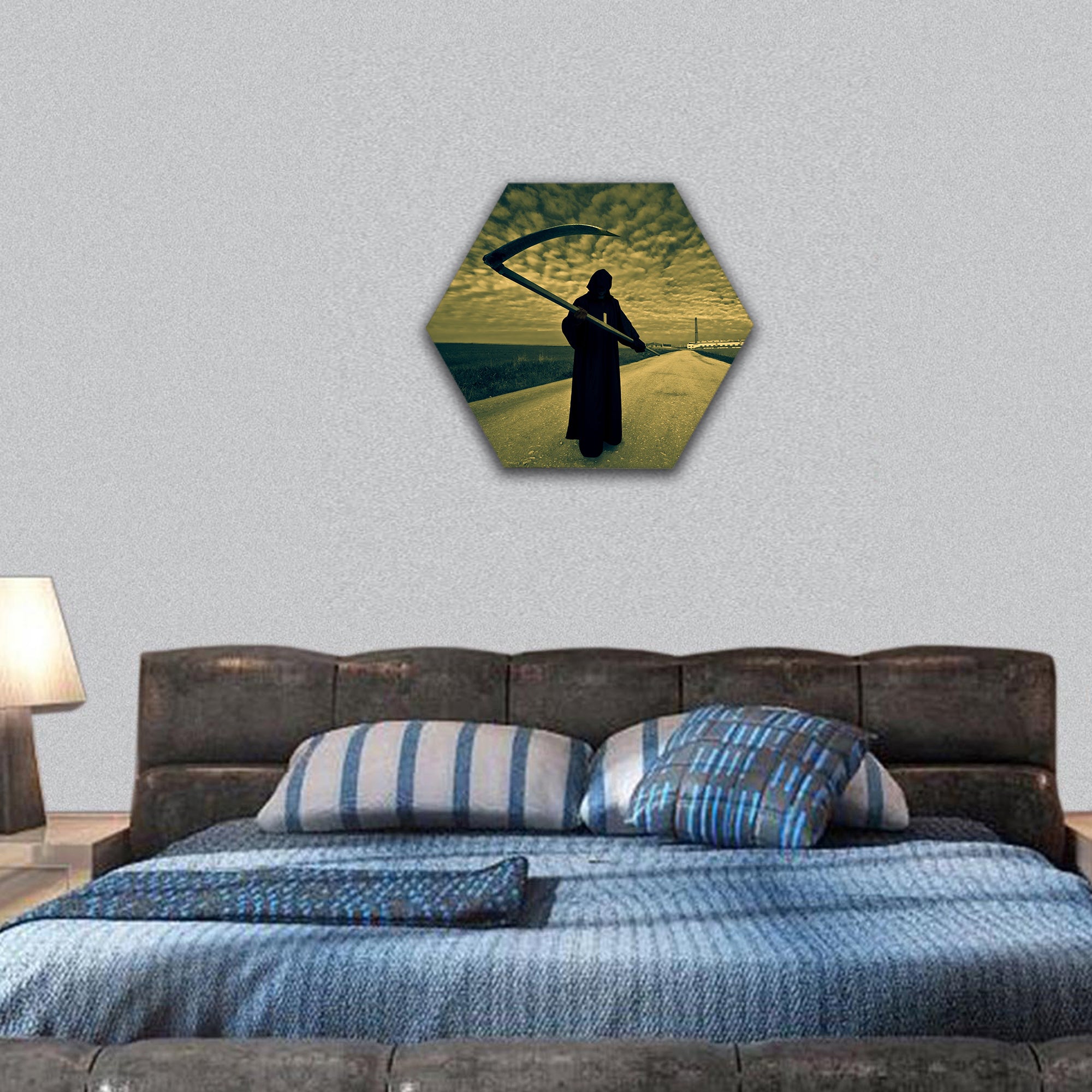 Grim Reaper on the road hexagonal canvas wall art