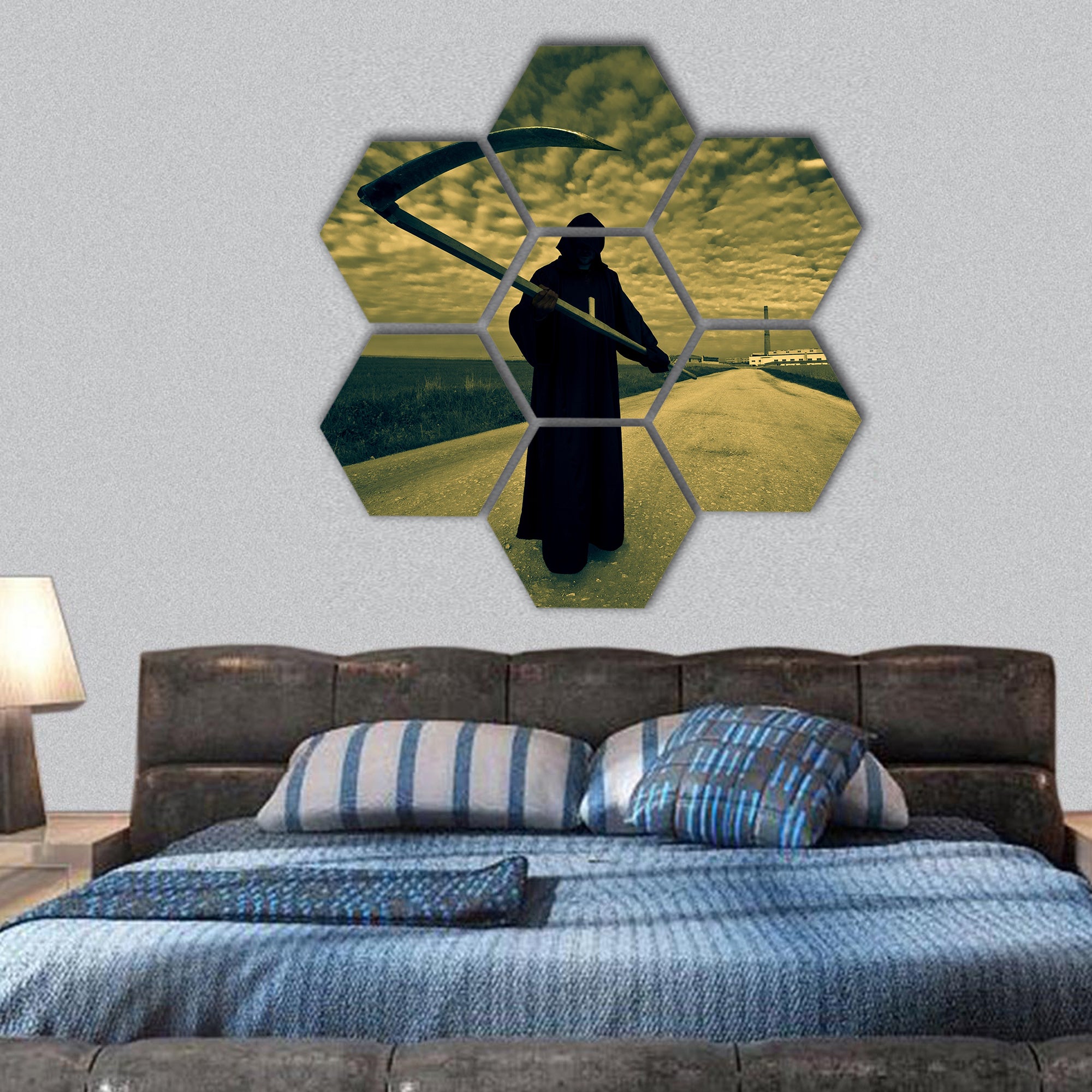 Grim Reaper on the road hexagonal canvas wall art