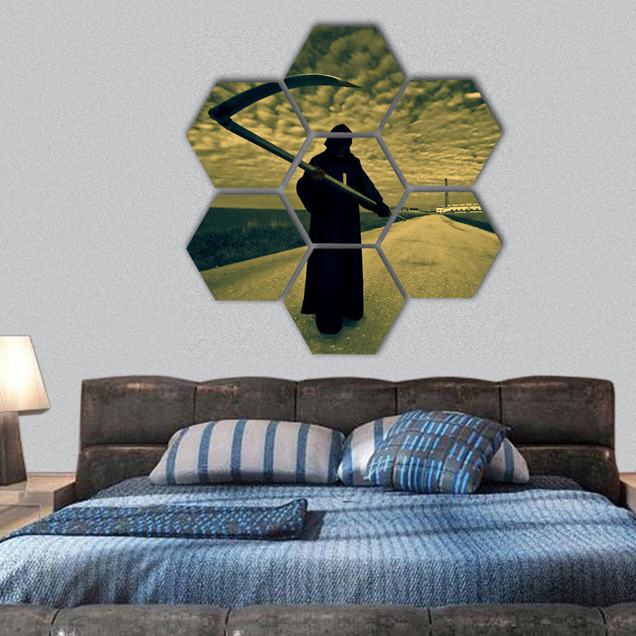 Grim Reaper on the road hexagonal canvas wall art