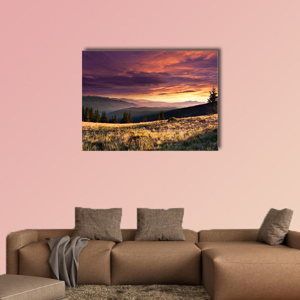 Summer landscape in the mountains with dramatic sky multi panel canvas wall art
