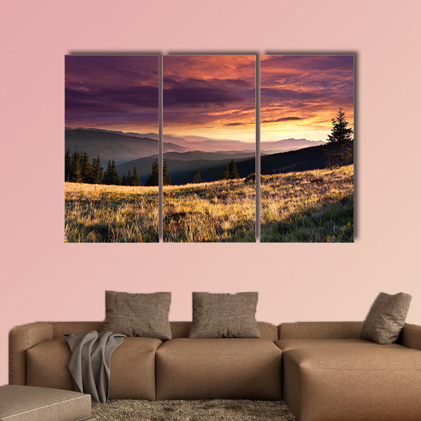 Summer landscape in the mountains with dramatic sky multi panel canvas wall art