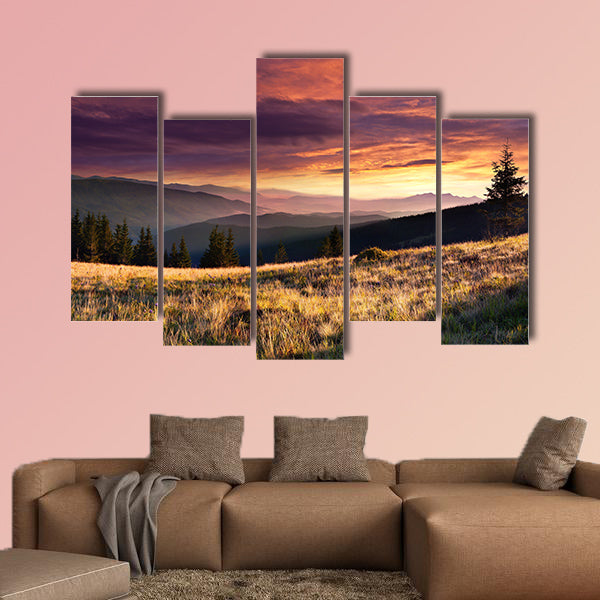 Summer landscape in the mountains with dramatic sky multi panel canvas wall art