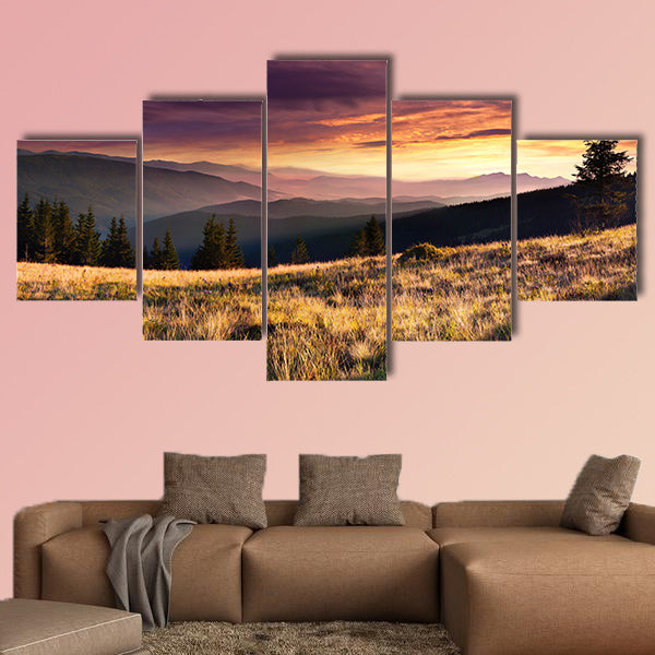 Summer landscape in the mountains with dramatic sky multi panel canvas wall art