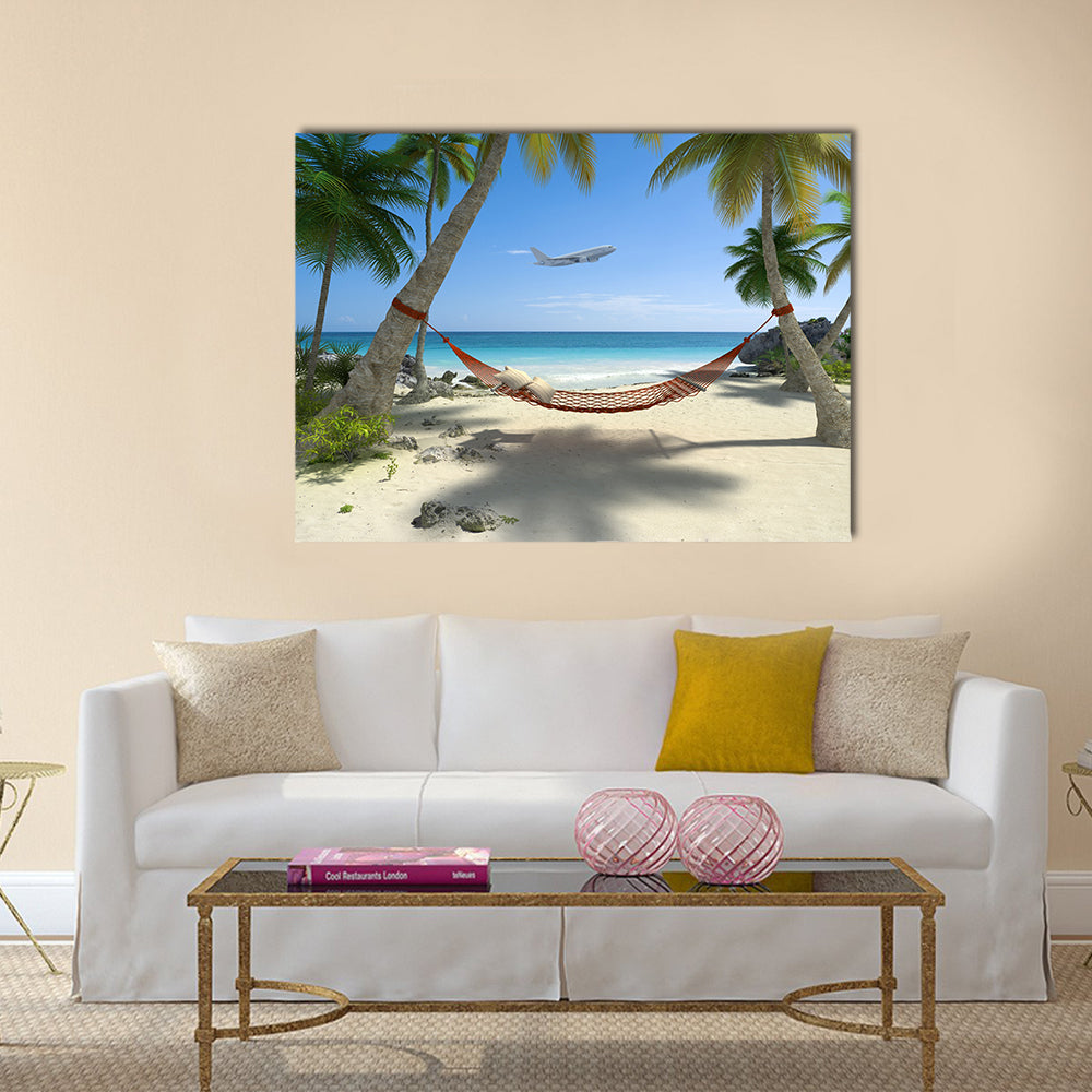 Exotic travel composition with a flying plane, a tropical beach Multi panel canvas wall art