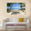 Exotic travel composition with a flying plane, a tropical beach Multi panel canvas wall art