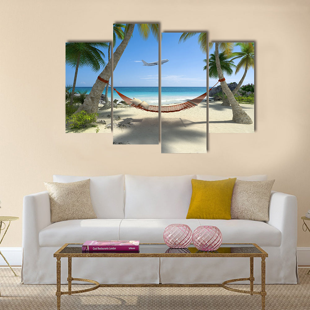 Exotic travel composition with a flying plane, a tropical beach Multi panel canvas wall art