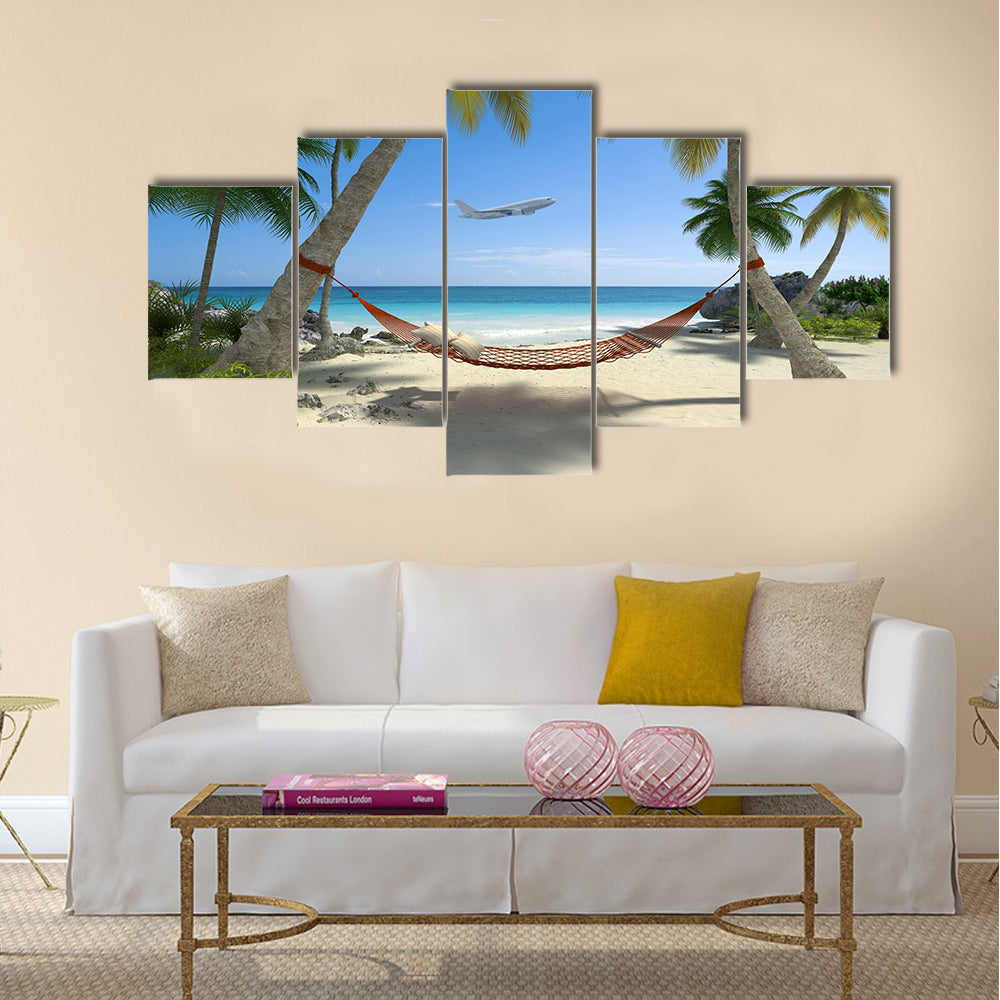 Exotic travel composition with a flying plane, a tropical beach Multi panel canvas wall art