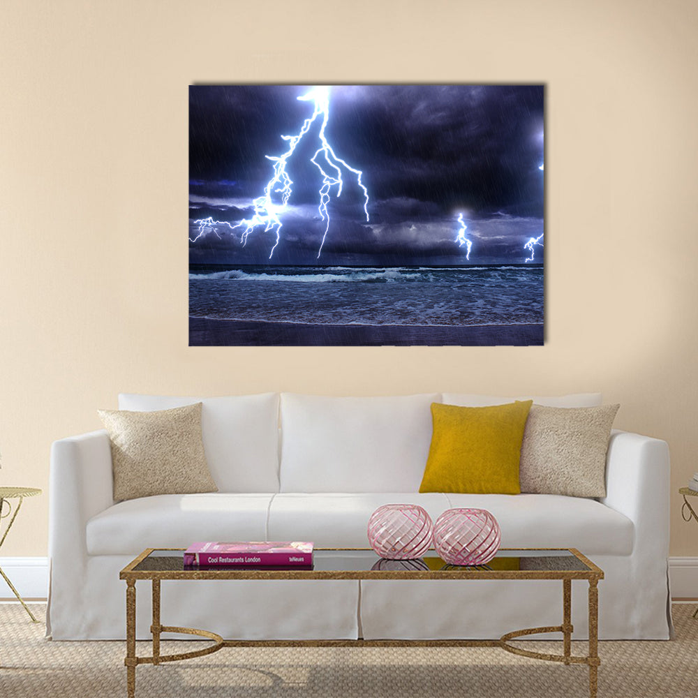 storm on the sea with lightnings Multi Panel Canvas Wall Art