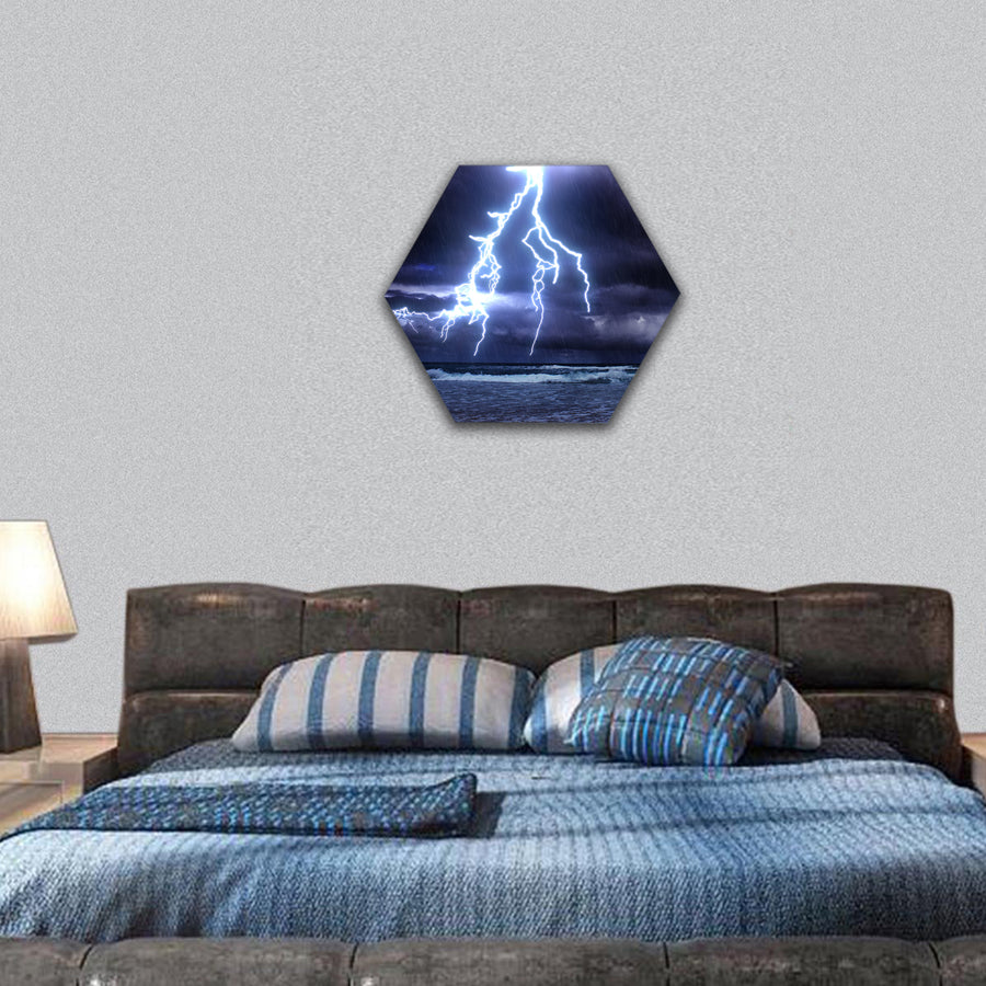 storm on the sea with lightnings hexagonal canvas wall art