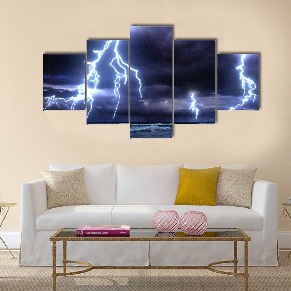 storm on the sea with lightnings Multi Panel Canvas Wall Art