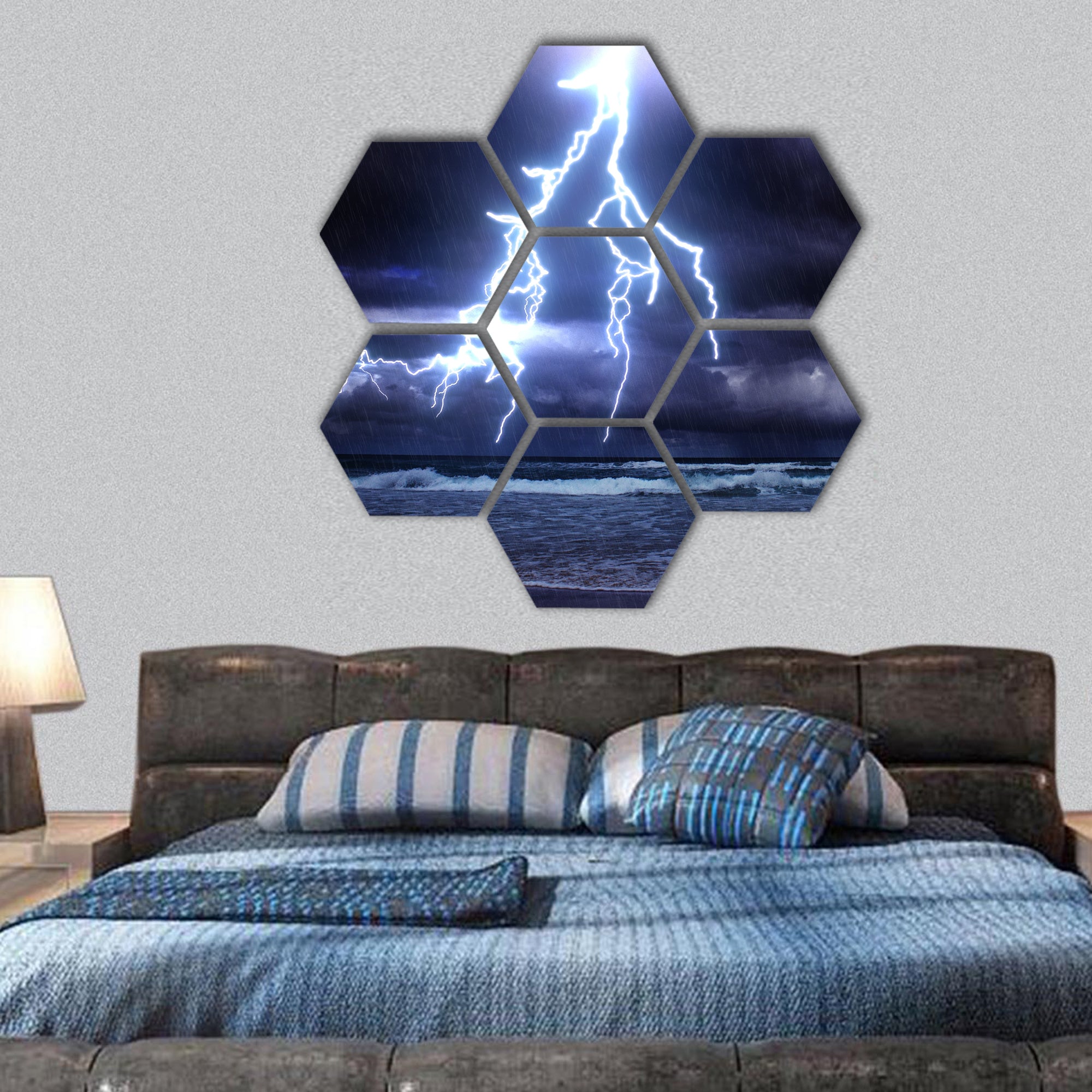 storm on the sea with lightnings hexagonal canvas wall art