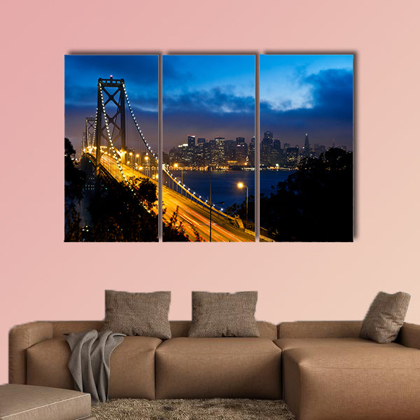 Bay Bridge with San Francisco city view after sunset multi panel canvas wall art