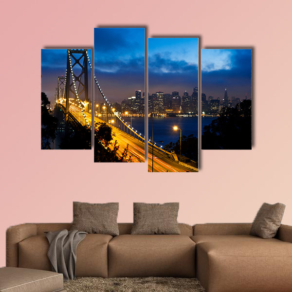Bay Bridge with San Francisco city view after sunset multi panel canvas wall art
