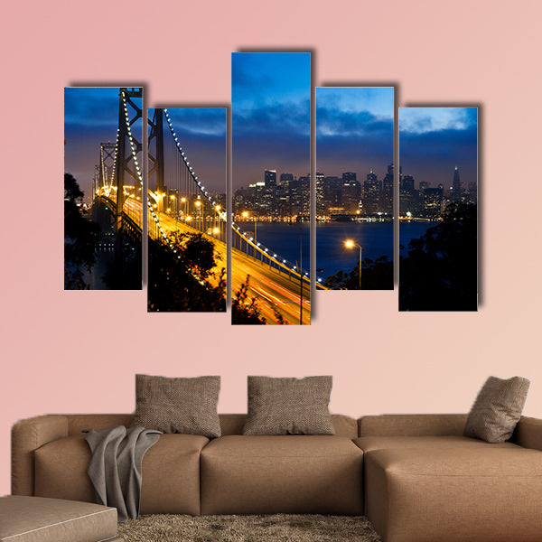 Bay Bridge with San Francisco city view after sunset multi panel canvas wall art
