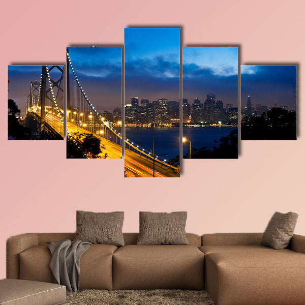 Bay Bridge with San Francisco city view after sunset multi panel canvas wall art