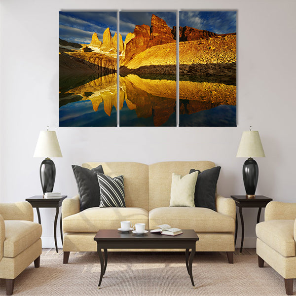 Towers with reflection at sunrise Multi panel canvas wall art