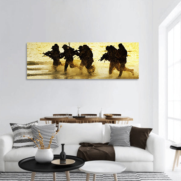 Soldiers run in army uniform panoramic canvas wall art