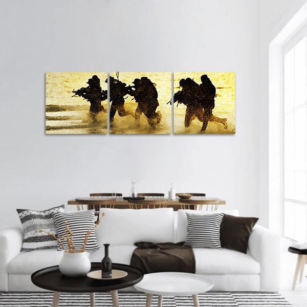 Soldiers run in army uniform panoramic canvas wall art