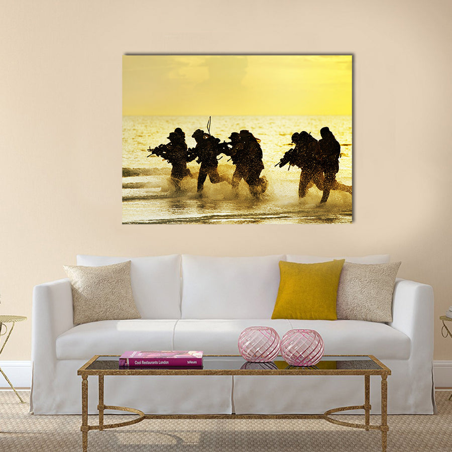 Soldiers run in army uniform Multi Panel Canvas Wall Art