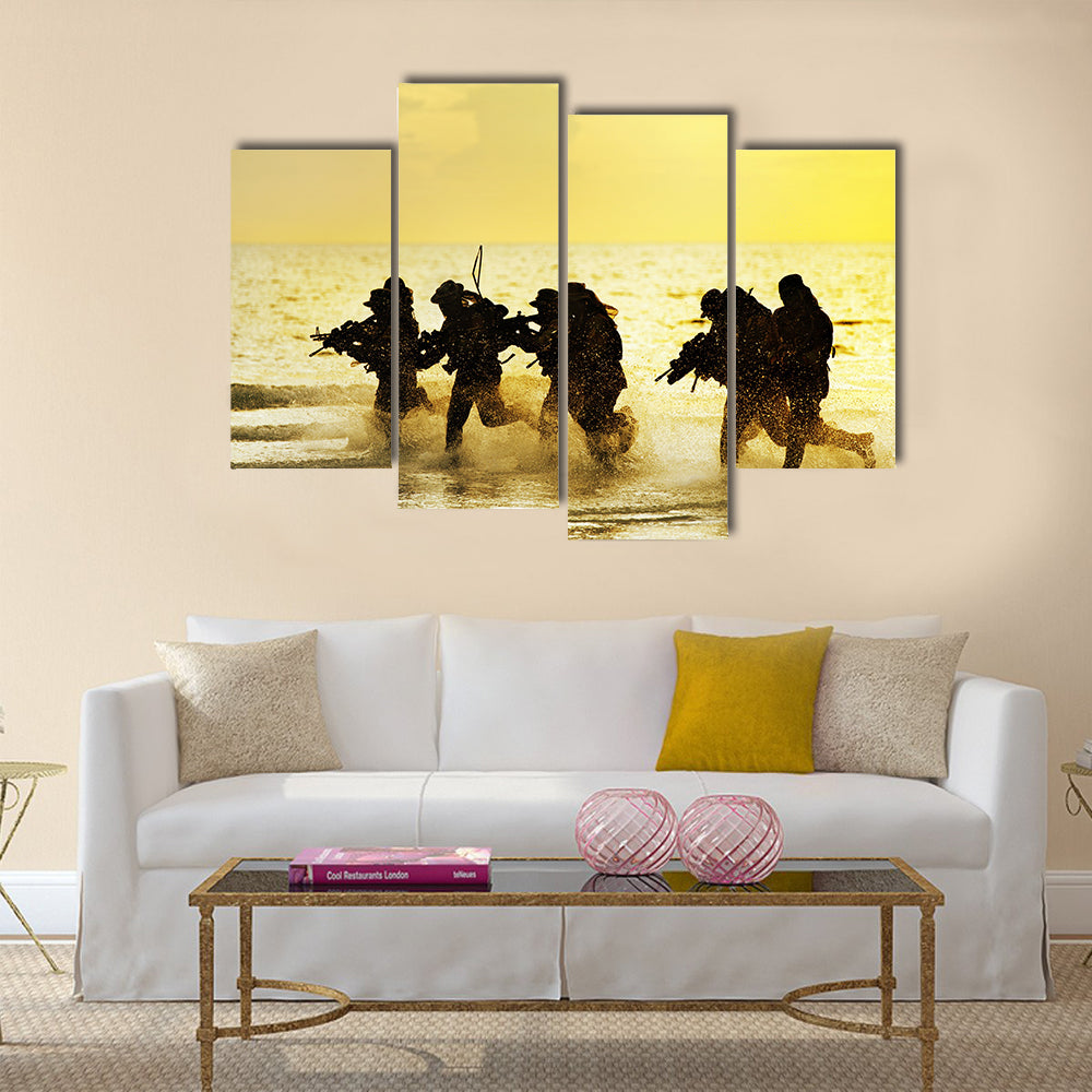 Soldiers run in army uniform Multi Panel Canvas Wall Art