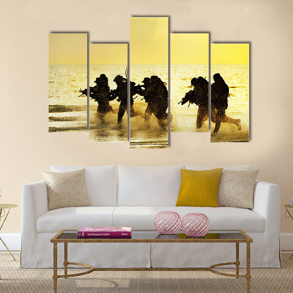 Soldiers run in army uniform Multi Panel Canvas Wall Art