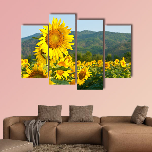 Sunflower Field on blue sky multi panel canvas wall art