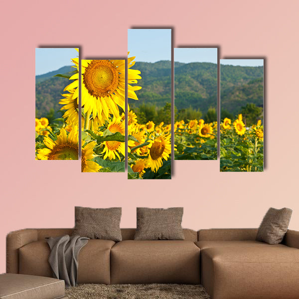 Sunflower Field on blue sky multi panel canvas wall art