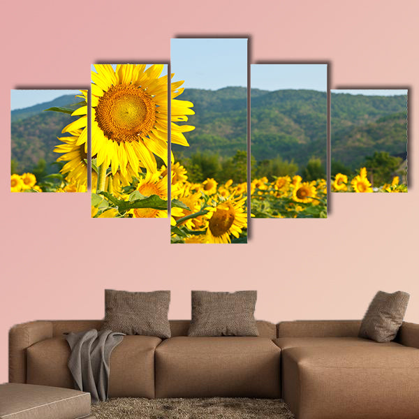 Sunflower Field on blue sky multi panel canvas wall art