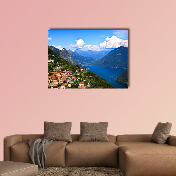 Lugano city with the view of Lake Lugano multi panel canvas wall art