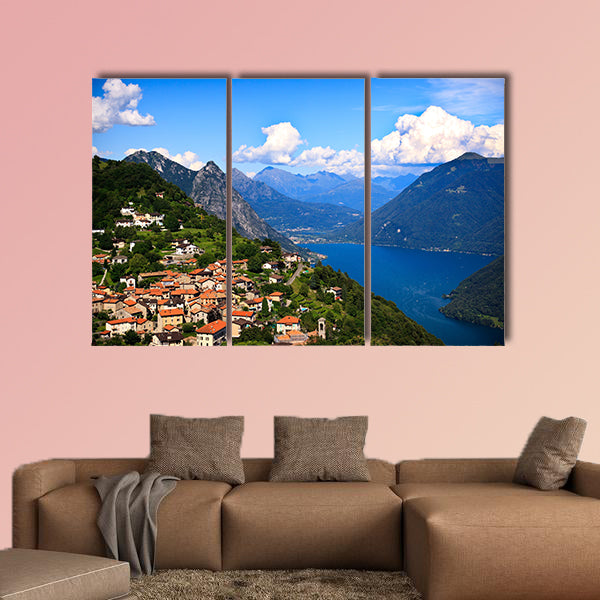 Lugano city with the view of lake Lugano Multi panel canvas wall art