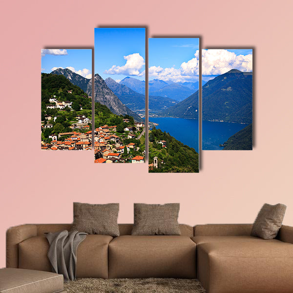 Lugano city with the view of lake Lugano Multi panel canvas wall art
