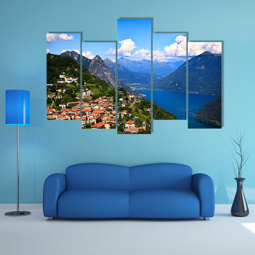 The Lugano city with the view of lake Lugano Multi Panel Canvas Wall Art