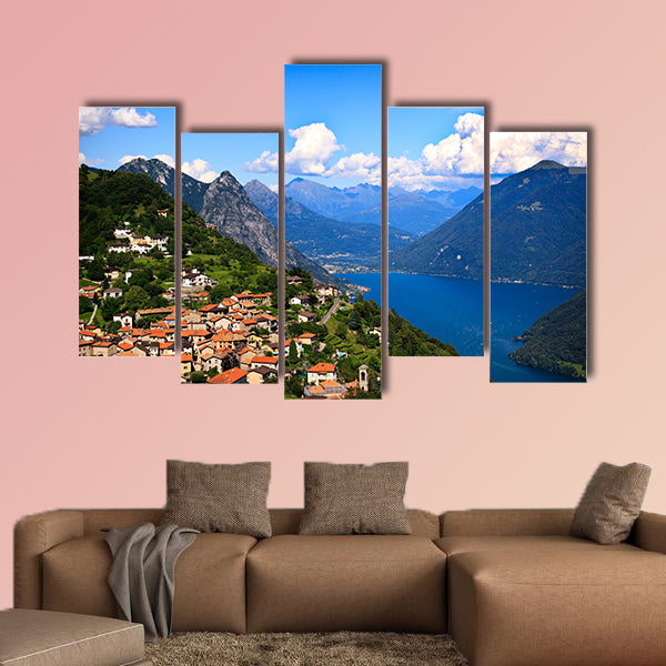 Lugano city with the view of Lake Lugano multi panel canvas wall art