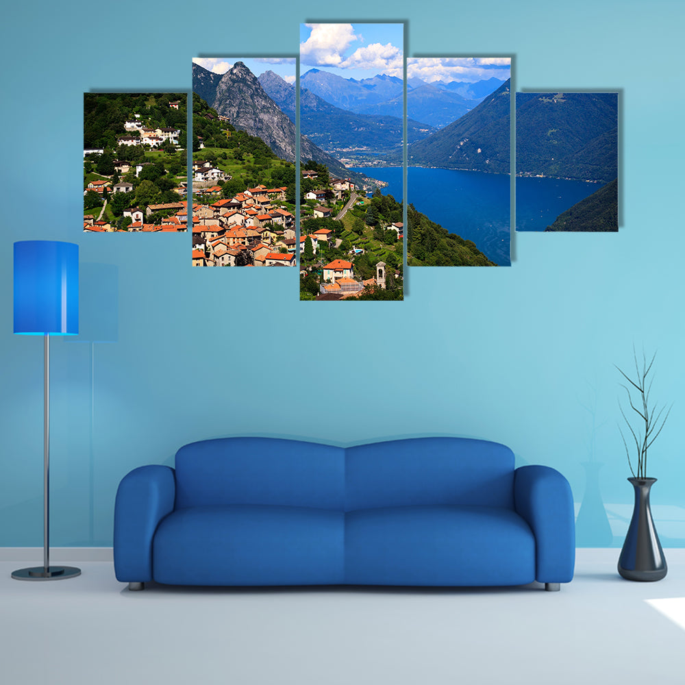 The Lugano city with the view of lake Lugano Multi Panel Canvas Wall Art