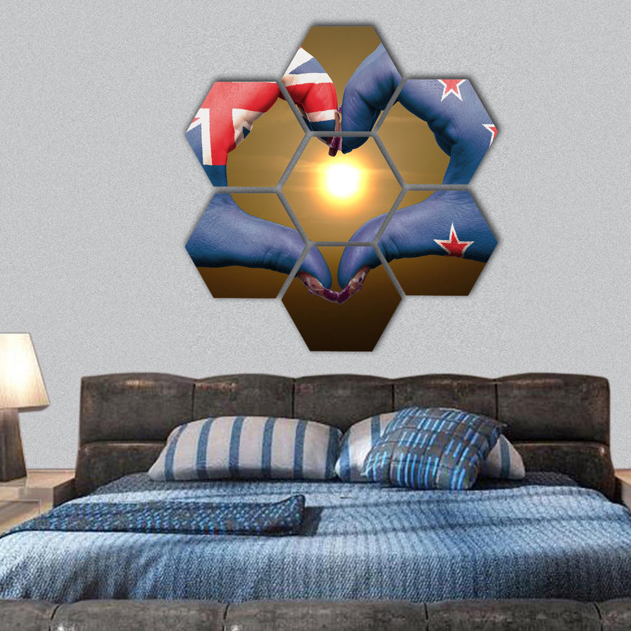 Tourist made gesture by New Zealand flag hexagonal canvas wall art