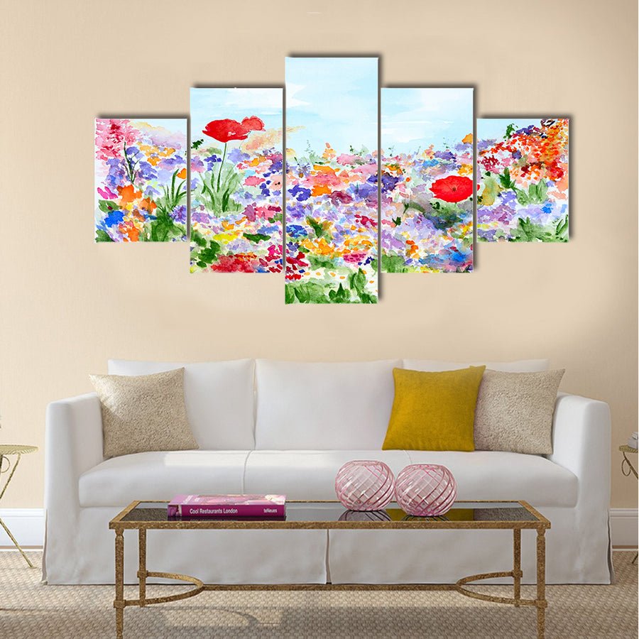 Summer Flowers in Garden Watercolor Hand Painted Multi Panel Canvas Wall Art