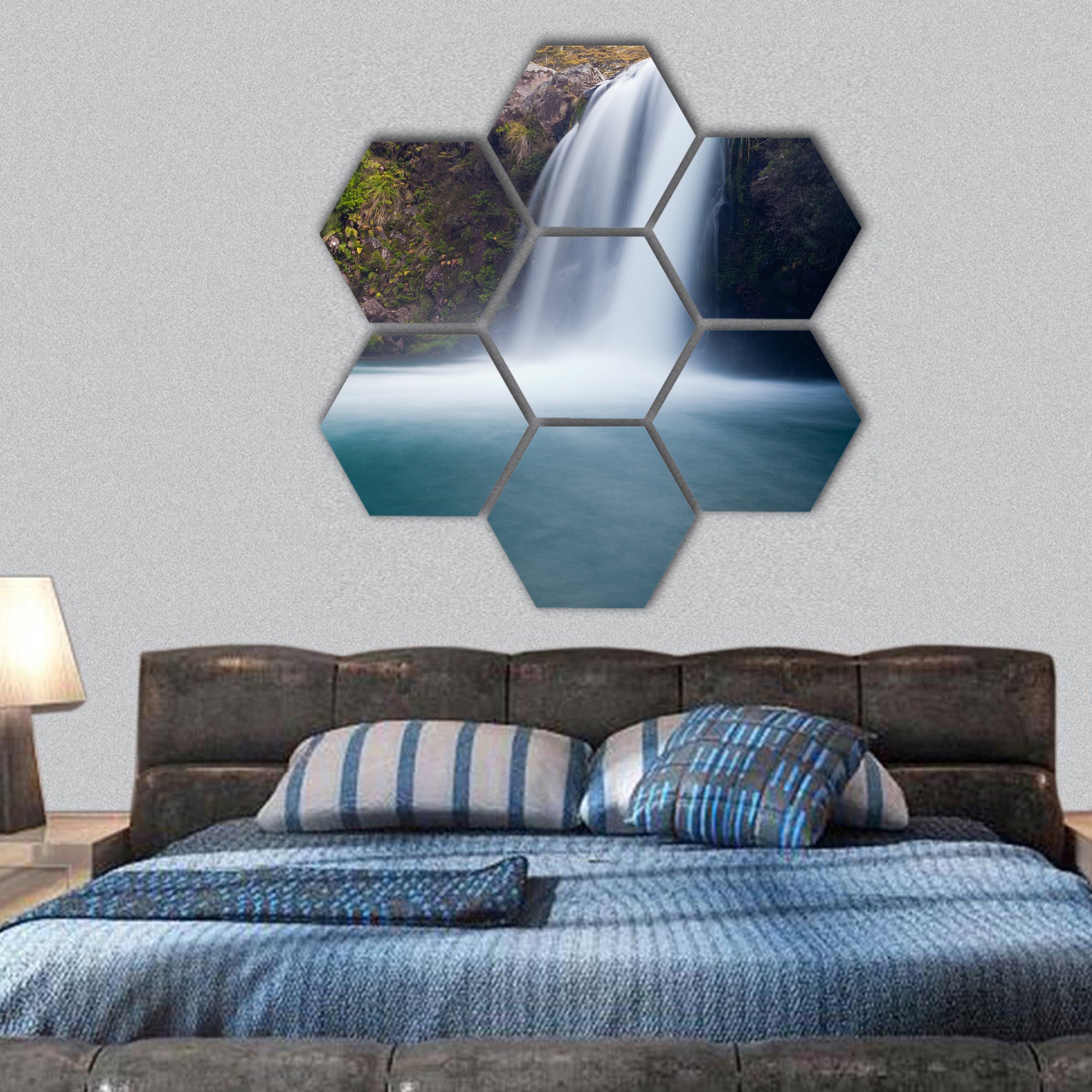 Mt Ruapehu forms Tawhai water Falls in Tongariro hexagonal canvas wall art