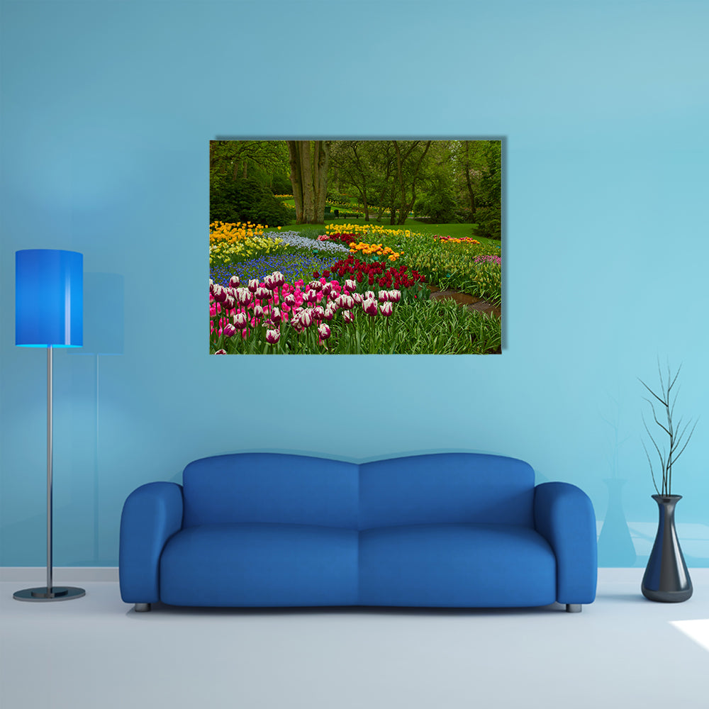 Colorful spring flowers and blossom in dutch garden Keukenhof , Holland multi panel canvas wall art