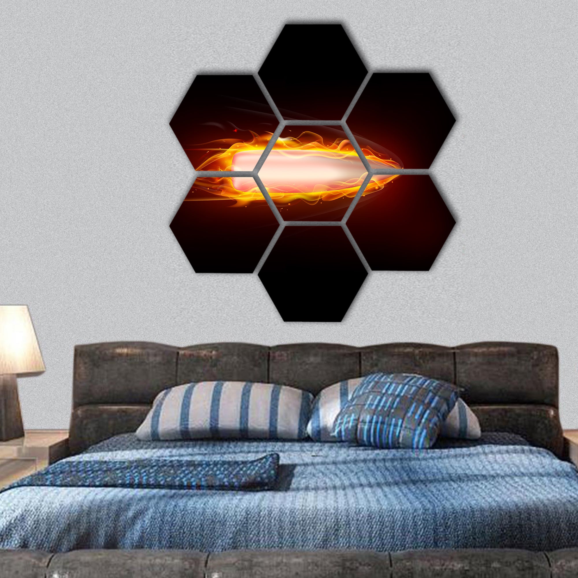 illustration of moving fiery gun bullet shot hexagonal canvas wall art
