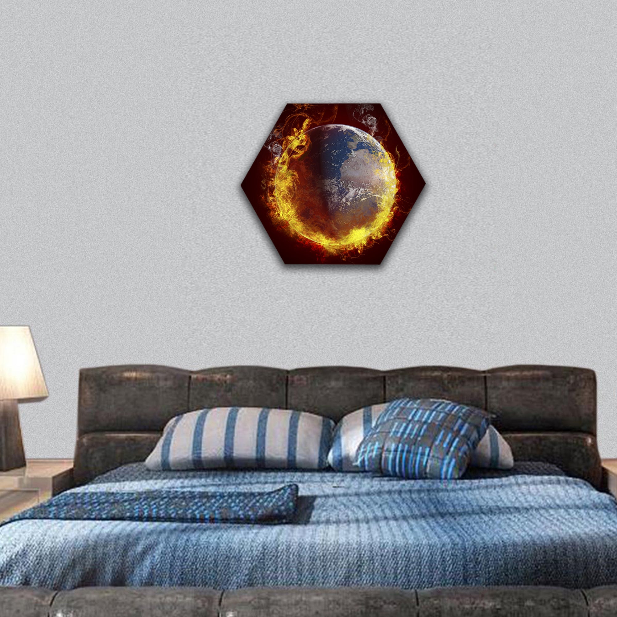 Planet Earth burning fire global warming concept hexagonal canvas wall art