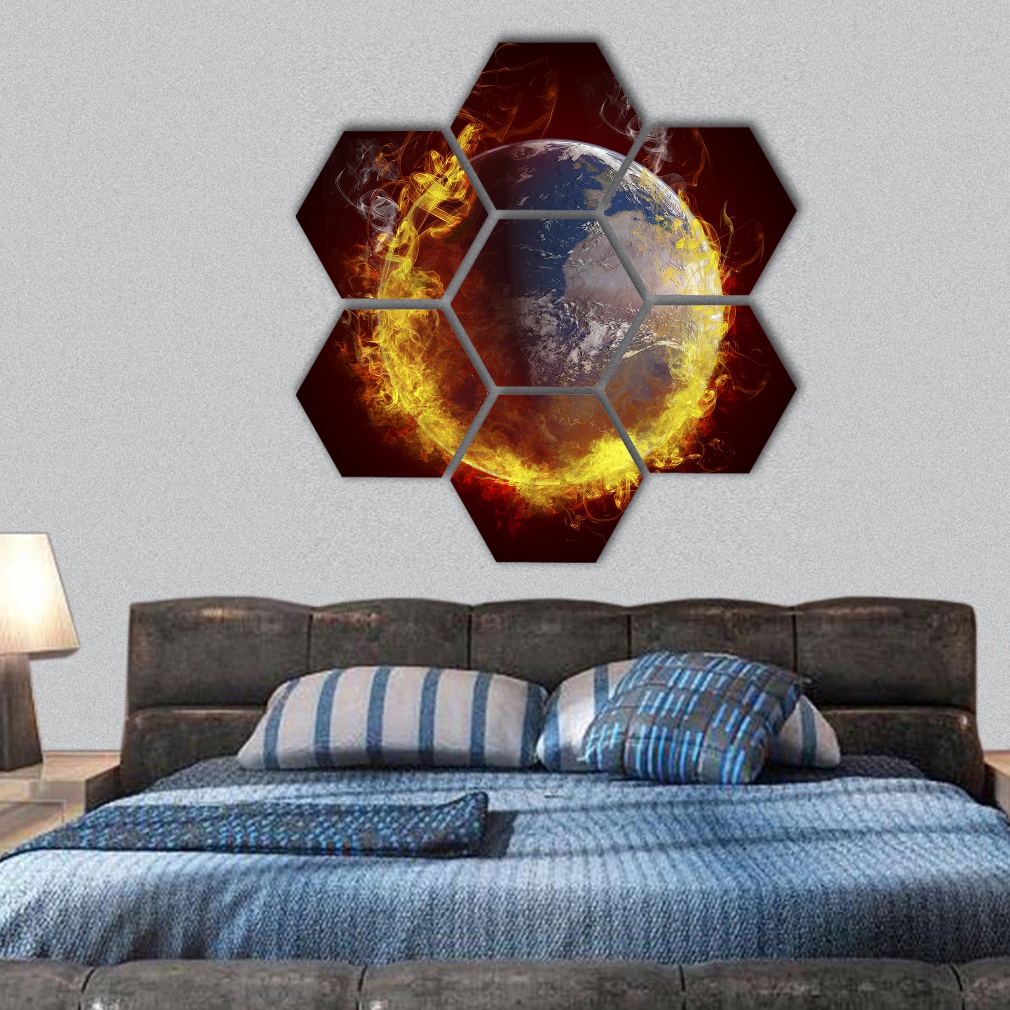 Planet Earth burning fire global warming concept hexagonal canvas wall art