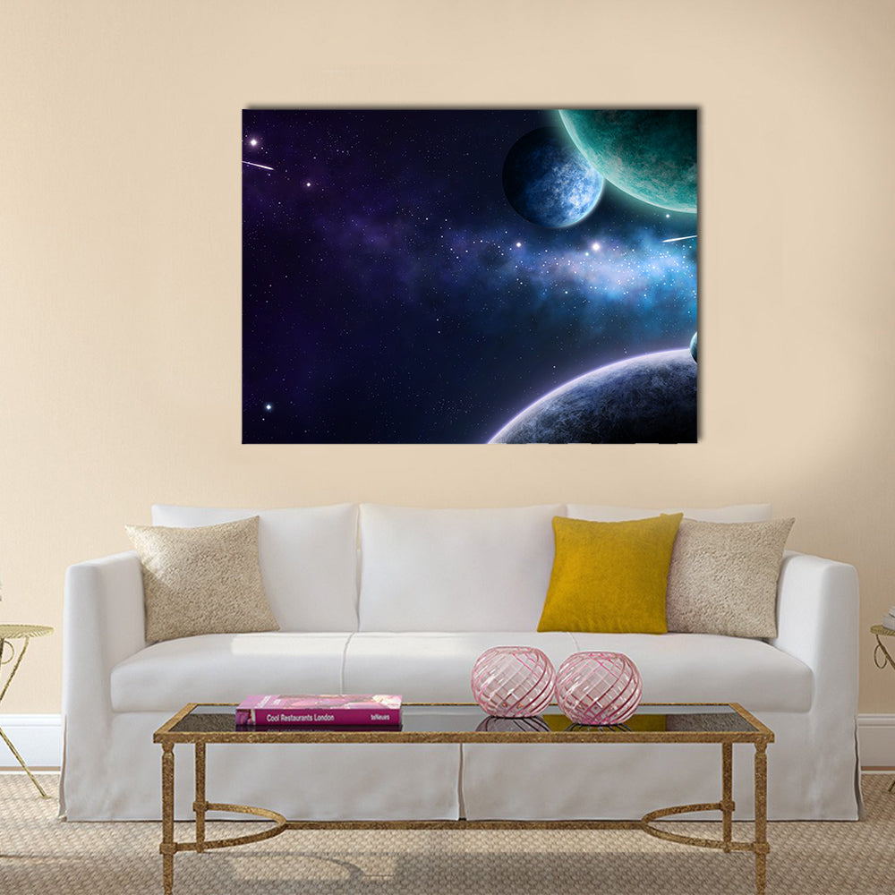 Blue and purple nebula on black space background Multi Panel Canvas Wall Art