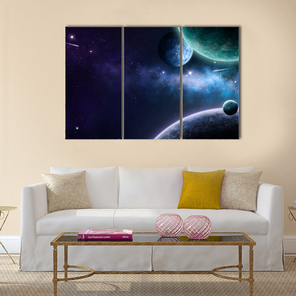 Blue and purple nebula on black space background Multi Panel Canvas Wall Art
