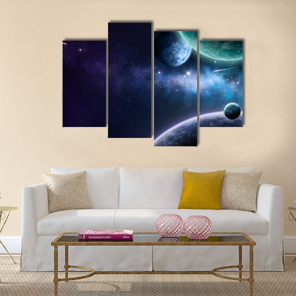 Blue and purple nebula on black space background Multi Panel Canvas Wall Art