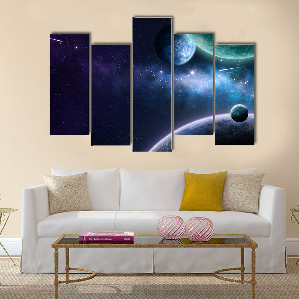 Blue and purple nebula on black space background Multi Panel Canvas Wall Art